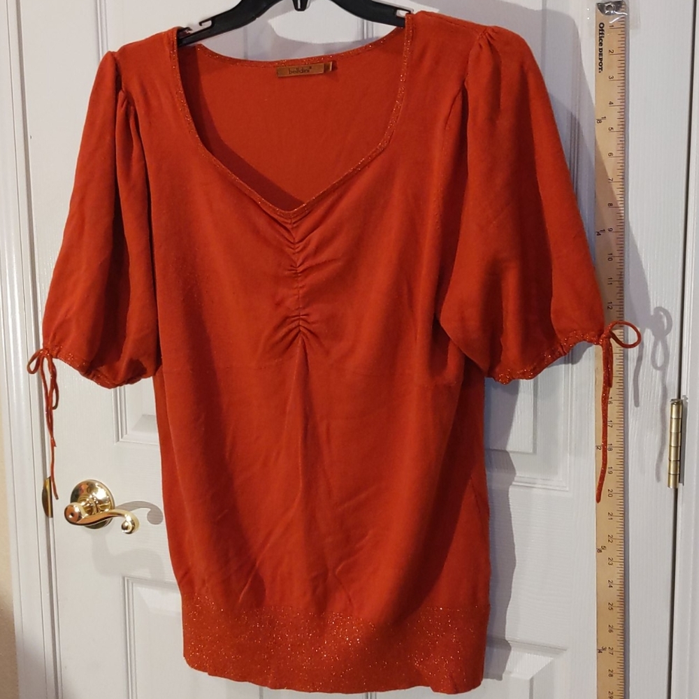 2X plus size Belldini orange rust metallic top
